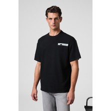 Grimelange CREST Erkek Göğsü Ve Sırtı Baskılı %100 Organik Pamuk Oversize Fit Bisiklet Yaka Siyah T-Shirt