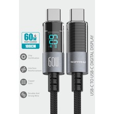 Soffany HM-540 Dijital Ekran Örgülü Hızlı Type-C To Type-C Şarj ve Data Kablosu, Estetik Tasarım, 60W 100CM, Andorid iPhone iPad Ipod Uyumlu, Siyah