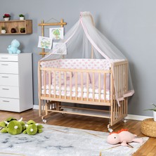 Bamgidoo Ahşap Beşik Anne Yanı Beşik Organik 70X130 - Pembe Balina Uyku Seti + Yataklı + Tekerlekli