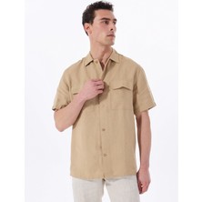 Fabrika Deve Tüyü Erkek Apaş Yaka Relaxed Fit %100 Keten Gömlek F5SM-GML 2722