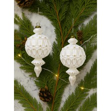 Parti Adresi Yılbaşı Ağaç Süsü Retro Altın Eskitme Detaylı Sarkıt Beyaz Gold 16 cm 2'li Set
