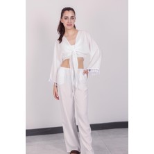 Hazel Kadın Beyaz Püsküllü Pantolon Takım