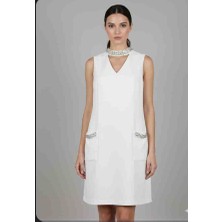 Angel Leon Dream Premium Seri Taş Yaka ve Cepli Beyaz Kolsuz Mini Elbise