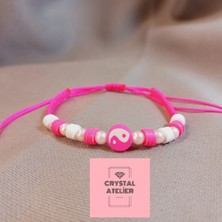 Crystal Atelier Pembe Ying Yang Bileklik - El Yapımı Ayarlanabilir Enerji Denge Şans Bileklik - Ying Yang Bileklik - Sensiz Olmaz Bff, Çift, Arkadaşlık, Sevgili Bilekliği - Makrome Bileklik