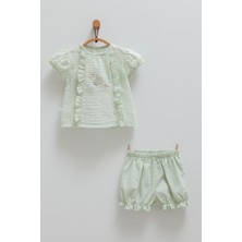 Lıttle Gırl Ön Nakışlı Bluz Şort Takım Yeşil