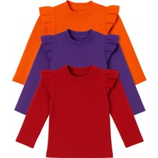 Özge Başaran Kız Çocuk Kız Bebek 3lü Uzun Kollu Ribana Badi Seti 3 Lü Badi Seti Fırfır Detaylı %100 Pamuk