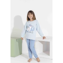 Rapapa Kız Çocuk  Uzun Kollu Pijama Takımı - Sevimli Kedi Desenli 8411 Mavi