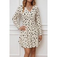 Arona Mdb Kadın Uzun Kollu V Yakalı Desenli Kısa Keten Elbise