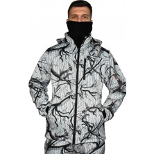 Beyaz Soft Shell Mont Avcı Saz Kar Desen Çift Kat Polarlı