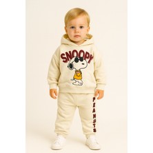 Snoopy Peanuts Baskılı Kapüşonlu Çocuk Alt Üst Eşofman Takım Ekru