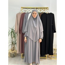 Erasra Class Yandan Büzgülü Elbise Sufle Esarp Takım Jilbab,abaya,hijab ( Hac ve Umre Için Uygundur) Gri