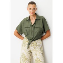 Accort Bağlama Detaylı Crop Gömlek-Haki