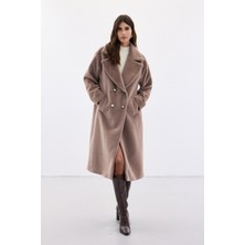 Sateen Düğme Detaylı Uzun Kaban - Vizon