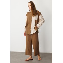 Accort Oversize Keten Görünüm Tunik Gömlek-Kahve