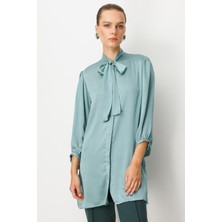 Accort Kendinden Desenli Saten Tunik Gömlek-Mınt