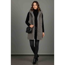 Angel Leon Dream Kadin Kapüşonlu Suni Kürk Uzun Yelek Antrasit Gri