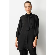 Accort Kendinden Desenli Saten Tunik Gömlek-Siyah