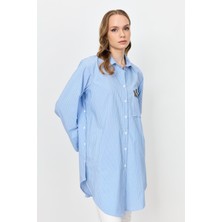 Accort Broş Detay Çizgili Tunik Gömlek-Mavi