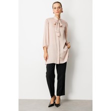 Accort Kendinden Desenli Saten Tunik Gömlek-Gül Kurusu