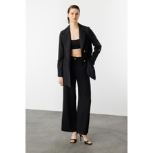 Accort Katlanabilir Kol Detaylı Uzun Ceket-Siyah