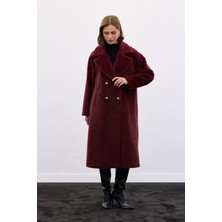 Sateen Düğme Detaylı Uzun Kaban - Bordo