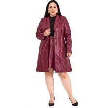 Disentis Modest Büyük Beden Cepli Düğme Kapamalı Astarlı Suni Deri Bordo Kaban