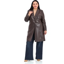 Disentis Modest Büyük Beden Cepli Düğme Kapamalı Astarlı Suni Deri Koyu Kahverengi Kaban