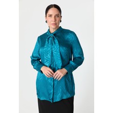 Accort Büyük Beden Bağlama Detaylı Tunik Gömlek-Petrol