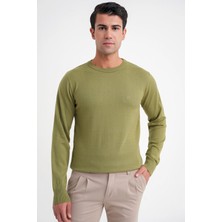 Efor Erkek Slim Fit Ribanalı Düz Haki Yünlü Bisiklet Yaka Triko Kazak TR 875