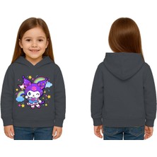 Sedirli Unisex Baskılı Çocuk Swaetshirt Kapüşonlu 3 Iplik Şardonlu Kuromi Baskılı