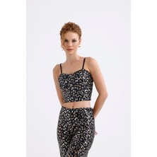 Sense Gloplu Fermuarlı Pul Payet Bustiyer | BUS32675 Siyah Gold Leopar
