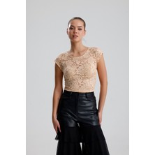 Sense Dantel Transparan Kısa Kollu Bluz | BUST35379