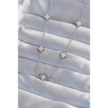 TunaStore 316L Çelik Gümüş Renk Minimal Beyaz Sedefli Yonca Kolye