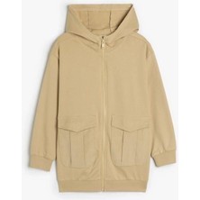 Three Sisters Butik Koton Çocuk Oversize Kapşonlu Fermuarlı Sweatshirt Cepli Uzun Kollu Pamuklu Şardonlu