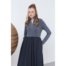 Loreen Kadın Beli Büzgülü Yakası Fermuar Detaylı Elbise - 20607ELB - Antrasit