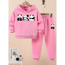Kids Face Özel Tasarım Kapüşonlu Şımarık Pandalar Baskılı %100 Pamuk Kışlık Erkek Çocuk Eşofman Takımı