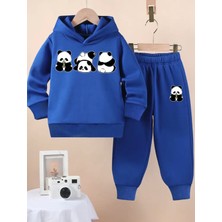 Kids Face Özel Tasarım Kapüşonlu Şımarık Pandalar Baskılı %100 Pamuk Kışlık Erkek Çocuk Eşofman Takımı