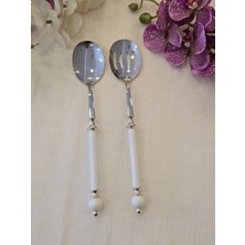 2 Parça Rustik Porselen Salata Servis Kaşık Seti Gümüş