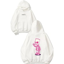 Urbvn Simpson Skeleton Tasarım Baskılı Oversize Beyaz Kapüşonlu Sweatshirt