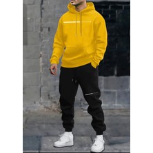 Amor Man Büyük Beden Özel Tasarım Kapüşonlu Dream Tek Çizgi Baskılı %100 Pamuk Kışlık Modern Erkek Eşofman Takımı