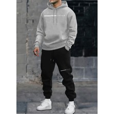 Amor Man Büyük Beden Özel Tasarım Kapüşonlu Dream Tek Çizgi Baskılı %100 Pamuk Kışlık Modern Erkek Eşofman Takımı