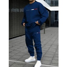 Amor Man Büyük Beden Özel Tasarım Paris Şerit Baskılı Yuvarlak Yaka %100 Pamuk Kışlık  Trend Erkek Eşofman Takımı