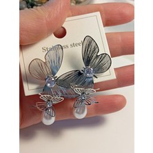 Euro Aksesuar Kelebek Detaylı Silver Incili Çelik Sallantılı Küpe