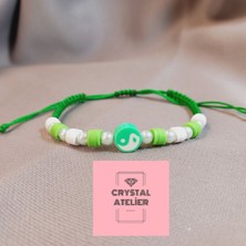 Crystal Atelier Yeşil Ying Yang Makrome Bileklik – El Yapımı Unisex Örgü Makrome Bileklik – Şans ve Denge Sembolü Yeşil Ying Yang Tasarım Bileklik - Enerji Denge Şans Bileklik - Ying Yang Bileklik