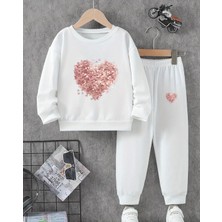 Kids Face Özel Tasarım Pembe Minimal Kalpler Baskılı Yuvarlak Yaka %100 Pamuk Kışlık Kız Çocuk Şık Eşofman Takımı