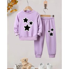 Kids Face Özel Tasarım Yuvarlak Yaka Üç Yıldız Baskılı %100 Pamuk Kışlık Kız Çocuk Trend Eşofman Takımı