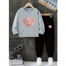 Kids Face Özel Tasarım Pembe Minimal Kalpler Baskılı Yuvarlak Yaka %100 Pamuk Kışlık Kız Çocuk Şık Eşofman Takımı