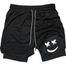 Maki Home Hızlı Kuruyan 2 In 1 Yetişkin Unisex Spor Gülen Yüz Baskılı Taytlı Şort Fitness Gym Antrenman Halı