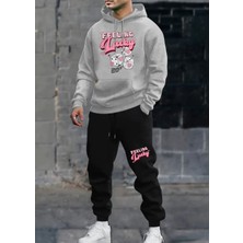 Amor Man Büyük Beden Özel Tasarım Kapüşonlu Feeling Lucky Baskılı %100 Pamuk Kışlık Dış  Mekan Erkek Eşofman Takımı