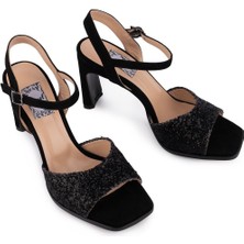 Emel Ayakkabı Hakiki Deri Ince Bantlı Modern Abiye Sandalet Siyah Payet 56900